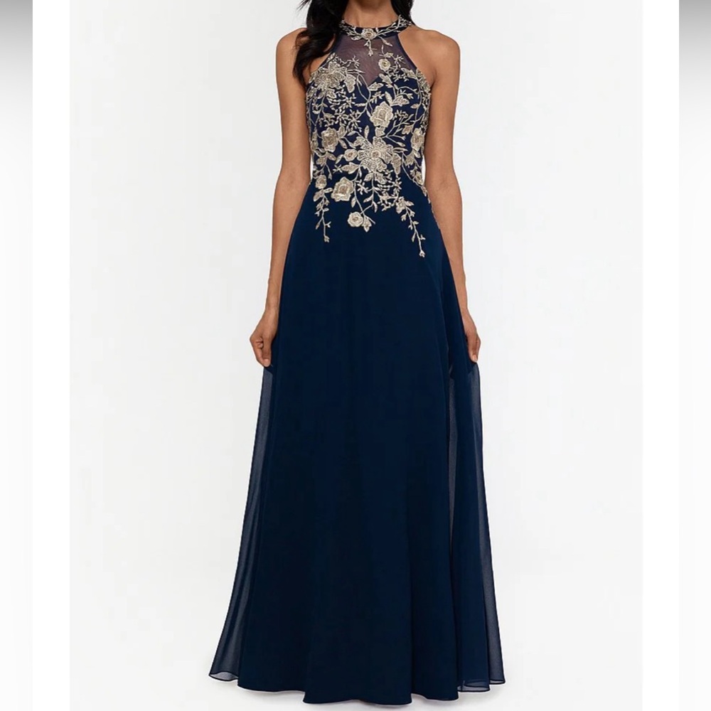 Betsy & Adam halter neck floral Embroidered sleeveless chiffon gown. Size 12